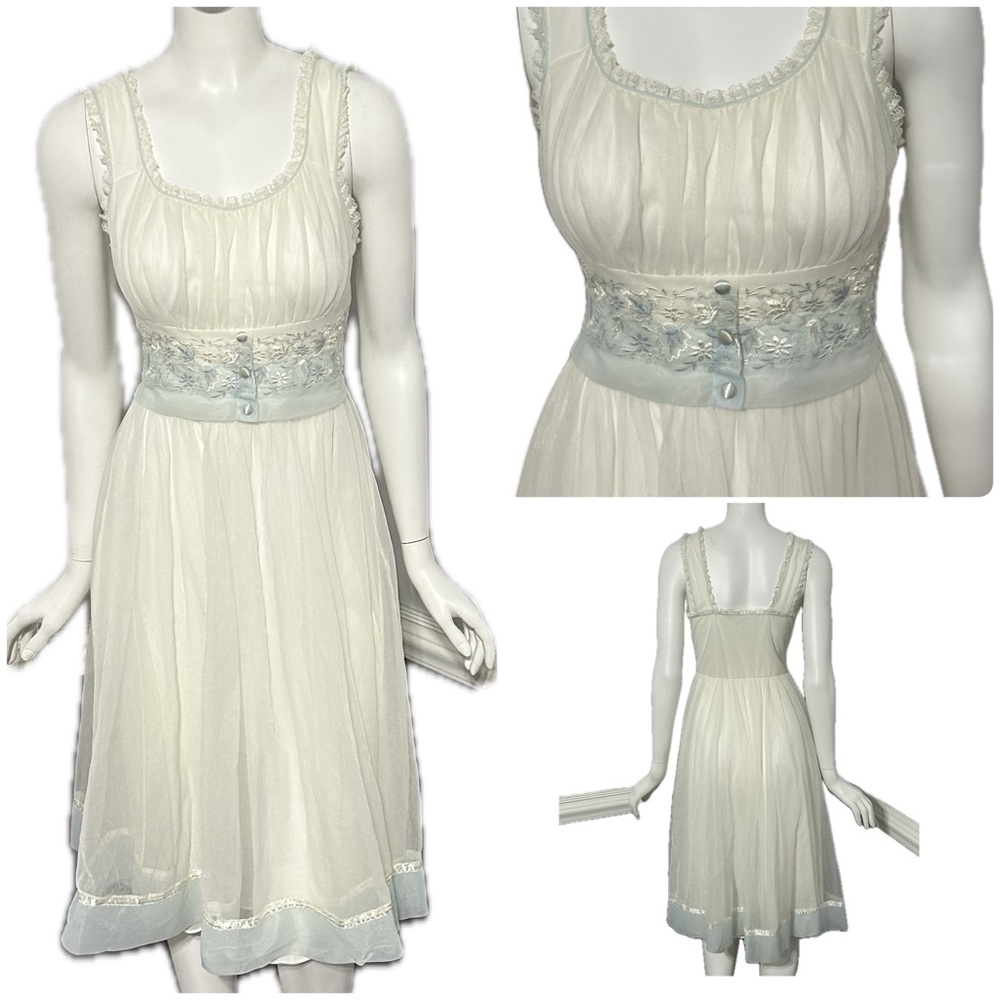 GOTHAM GOLD STRIPE Vintage Nightgown Robe Set Chiffon & Nylon White & Blue 32/S - Picture 2 of 16